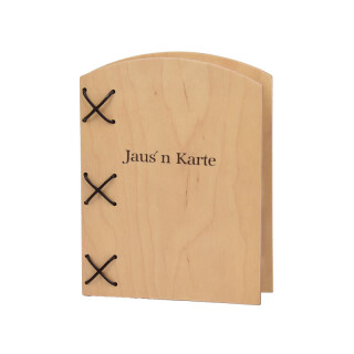 Jausenkarte aus Holz - mit Lederriemen in A5